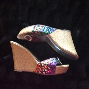 Multi colored cork heeled wedges